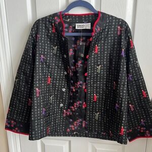 Chico's Design Silk Asian‎ Print Button Down Blouse Jacket Red Trim Size 1 (s)